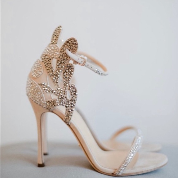 Champagne Rhinestones Ankle Strap Stiletto Heels - Picture 3 of 9